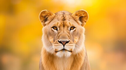Obraz premium A tight shot of a lion's head, surrounded by slightly blurred trees in the foreground