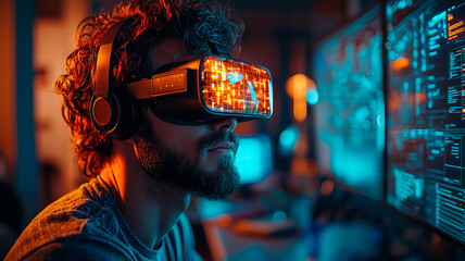 Man Engaged in Virtual Reality Experience with Futuristic Interface