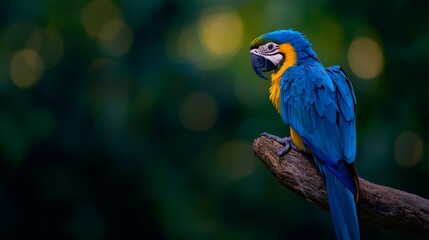 Obraz premium A macaw, colored blue and yellow, perches on a tree branch against a hazy backdrop of green foliage