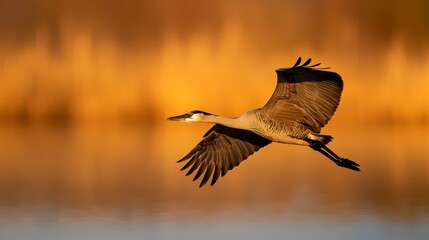 Obraz premium Bird soaring over water, trees in backdrop, sunlit yellow sky ahead