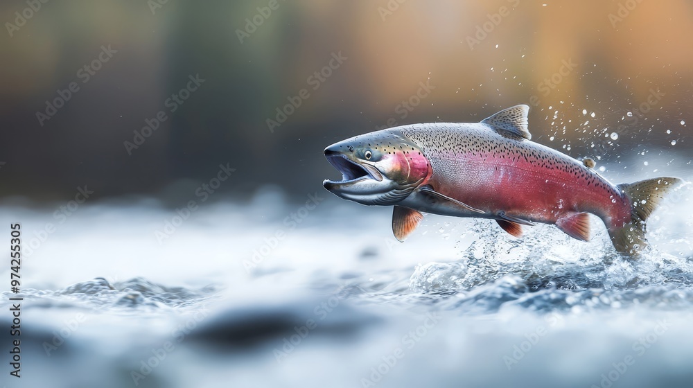 Wall mural a salmon leaps from the water, its mouth filled with a caught fish open-mouthed