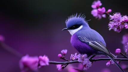 Obraz premium A blue-and-white bird perches on a tree branch, surrounded by pink flowers in the foreground against a dark backdrop