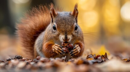 Fototapeta premium A tight shot of a squirrel nibbling on a morsel atop a leafy mound