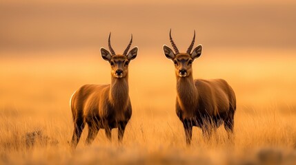 Obraz premium Two antelopes, side by side, in a field of towering grasses A hazy sky looms behind