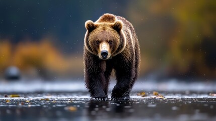 Obraz premium A brown bear traverses a forest pond surrounded by autumn leaves