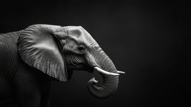  A black-and-white image of an elephant displaying two large tusks, not on its head but rather curving down from its upper jaw
