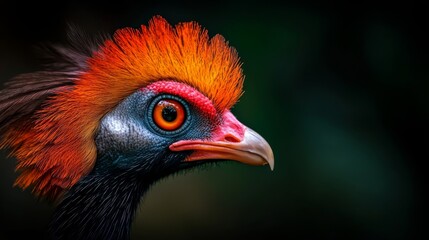 Fototapeta premium A tight shot of a bird's head adorned with a vibrant orange-red feather