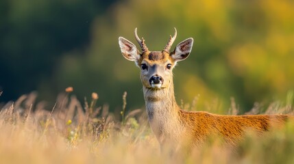  A deceiredly near shot of a deer in a meadow of towering grass, encompassed by a hazy backdrop of trees and underbrush