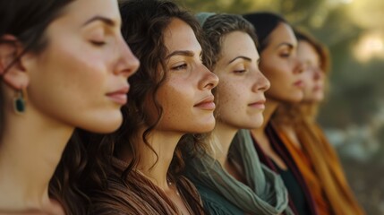 Fototapeta premium Women standing closely in a row, eyes closed, show unity