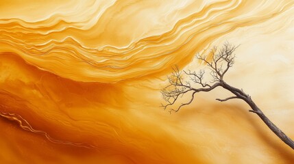  A solitary tree devoid of leaves stands before an orange and yellow swirling backdrop, featuring a lone tree in the foreground