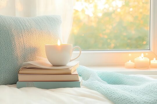 A cozy reading nook with a stack of inspirational books, candles lit, and a cup of tea, symbolizing a personal retreat for reflection and growth in the new year - Powered by Adobe