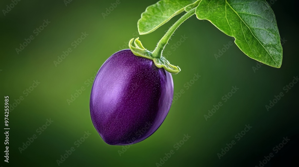 Poster close-up of purple eggplant on dark green branch with a green leaf