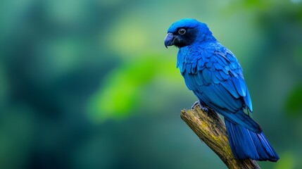 Naklejka premium A blue bird perched on a wooden branch against a green backdrop of leafy foliage, with a softly blurred sky beyond