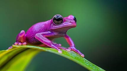 Obraz premium A pink frog sits atop a green leaf, its body and eyes dotted with dew drops
