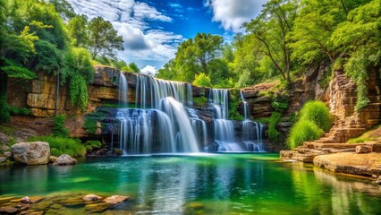 Fototapeta premium Spectacular 77-foot waterfall cascades into a tranquil natural pool surrounded by lush greenery and dense forest in a