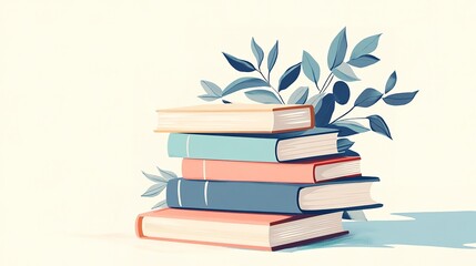 a clean and minimal illustration in a Ligne claire style of a pile of books
