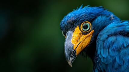Fototapeta premium A tight shot of a blue bird against a black backdrop, its vibrant yellow beak contrasting starkly