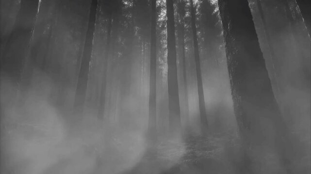 A black and white misty forest with tall trees and dense fog seamless looping 4k time-lapse video background