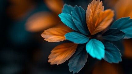 Obraz premium A close-up of a flower features a blue and orange bloom at its center; the surrounding background is out of focus