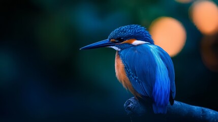 Fototapeta premium A blue and orange bird sits on a branch against a backdrop of softly blurred lights