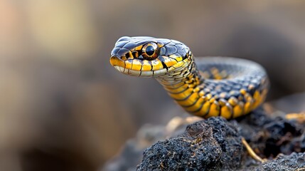 Obraz premium A tight shot of a yellow-and-black snake's head atop a rock, surrounded by distant rocks in the background