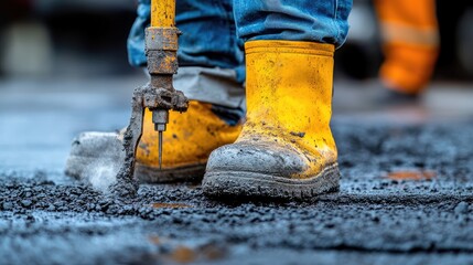 A dramatic shot of a jackhammer breaking up concrete on a home repair project, with dust and debris creating a cloud of smoke and obscuring the worker's figure.