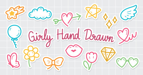 cute girly hand drawn graphic element vector set with white outline