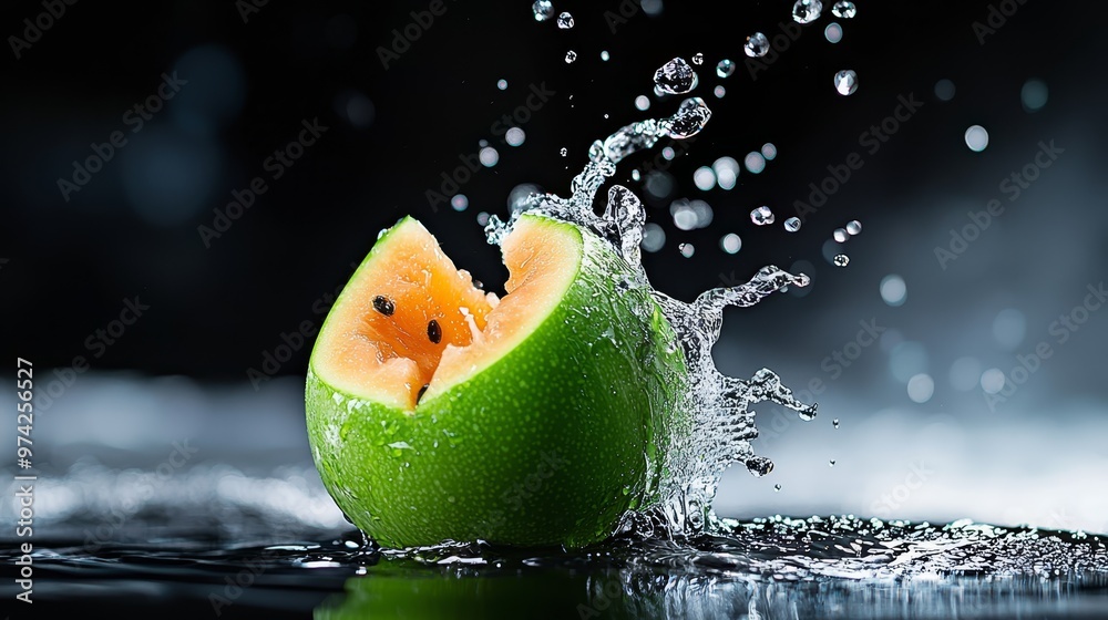 Wall mural  A tight shot of a watermelon featuring a bird perched on its rind, pecking at it, while spraying water with its beak