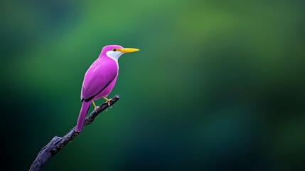 A purple bird perches on a branch against a blurred backdrop of green and blue