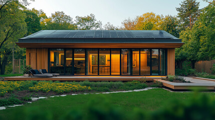Eco-friendly housing with solar panels on the roof, promoting sustainable energy solutions.


