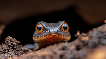  A tight shot of a snake's visage, its orange eyes glowing against a dark backdrop of rocks and dirt