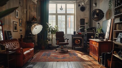 Interior of vintage photo studio with equipment