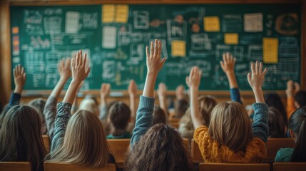 A close-up of diverse students' hands raised in a classroom, eagerly waiting to participate in discussion and learning. In the background