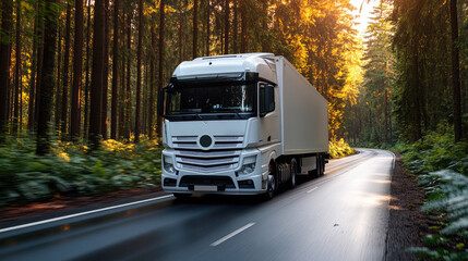 The image shows a white truck in motion on a road, with green leaves flying ahead of it, with green plants and trees providing a scenic backdrop.