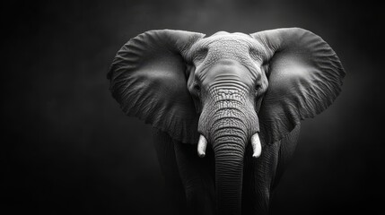  A black-and-white image of an elephant with tusks and no tusks on its ears