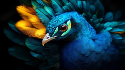 Fototapeta premium A blue-and-yellow bird in focus, its back adorned with feathers, against a black backdrop