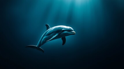 Obraz premium A dolphin swims in the ocean, light illuminating its dorsal fin and back Its head emerges above the water surface