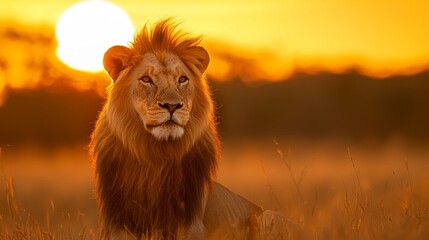  A lion sits in the field as the sun sets, trees in the foreground