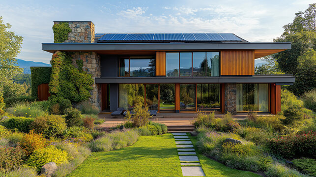 Eco-friendly housing with solar panels on the roof, promoting sustainable energy solutions.

