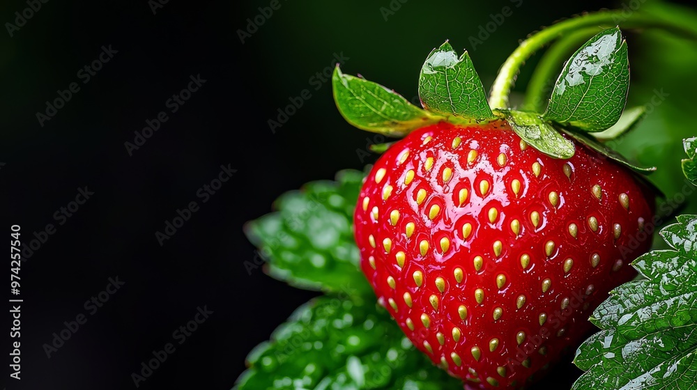 Wall mural a strawberry, in focused detail, rests atop its plant green leaves surround it, and dew droplets gli