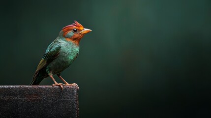  A small, colorful bird with a red and orange head perches atop a metallic object against a green backdrop