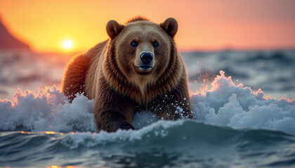 Fototapeta premium Close-up portrait of a brown bear in the water