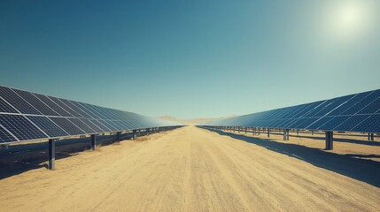 Rows of solar panels in a dry desert environment, capturing sunlight for renewable energy. Ideal for showcasing sustainability, clean technology, and renewable energy innovation.
