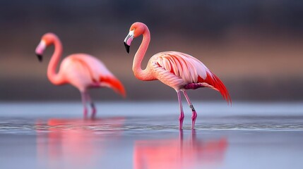 Naklejka premium Two pink flamingos poised atop a water body, beaks submerged