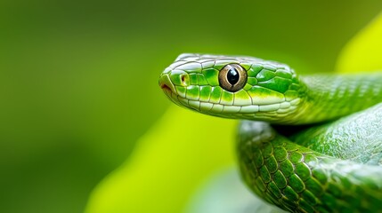 Fototapeta premium A tight shot of a green snake's head hovering above a lush green plant, background softly blurred