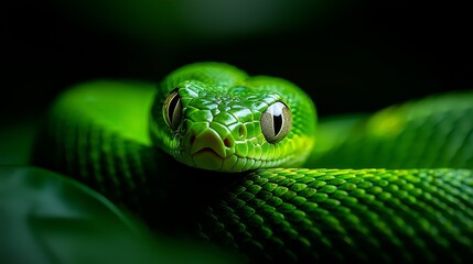 Fototapeta premium A tight shot of a green snake's head, eyes fixed and wide, against a dark green backdrop