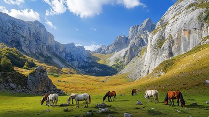Horses graze in the mountains, surrounded by tall rocky peaks and a blue sky. This shows how beautiful nature is in Cantabria.