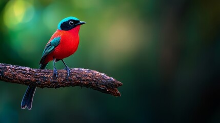 Fototapeta premium A red and blue bird perched on a branch against a backdrop of indistinct green and brown foliage
