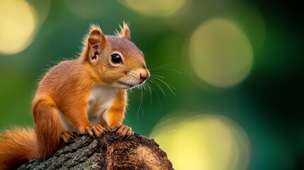  A squirrel, tightly focused, perches atop a tree stump Backgroundtrees exhibit soft blur