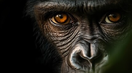 Close-up of a monkey's face with orange eyes A green leaf is situated in the foreground